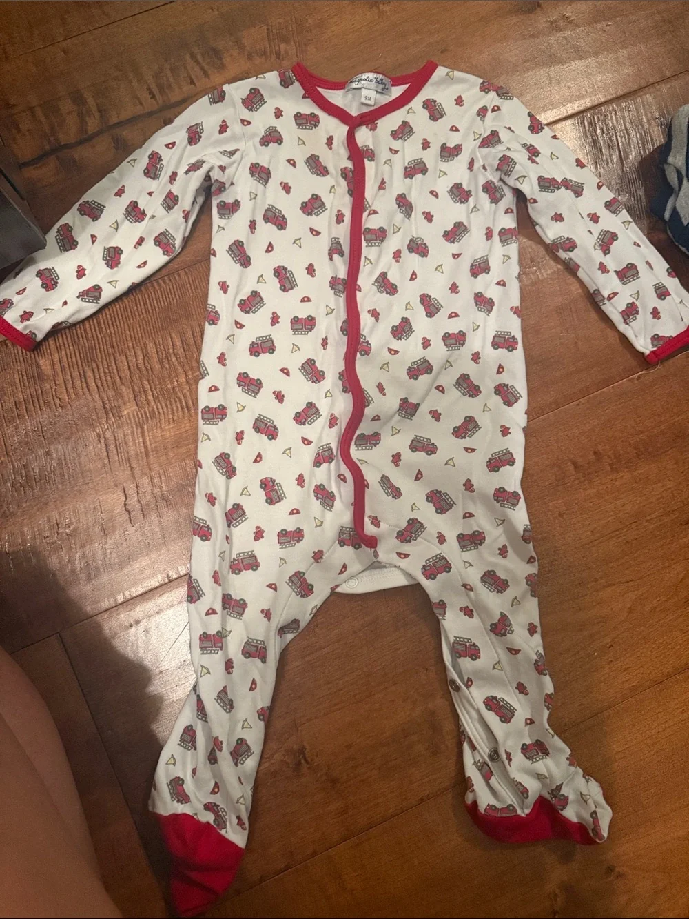 Magnolia Baby White Footie Pajama with Red Fire Truck Print